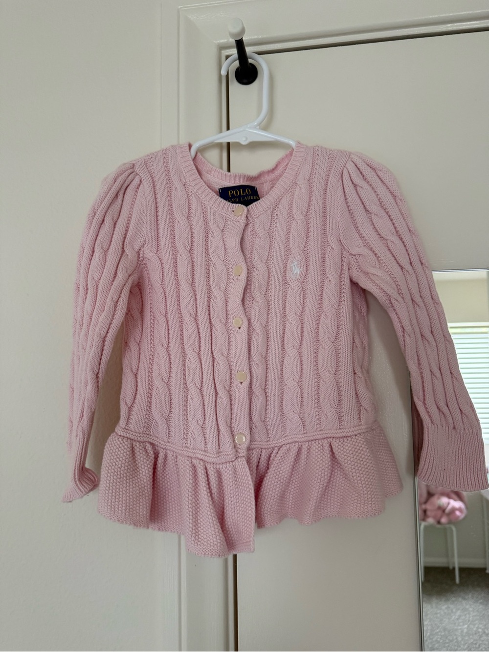 Polo by Ralph Lauren Baby Pink Cable-Knit Peplum Cardigan